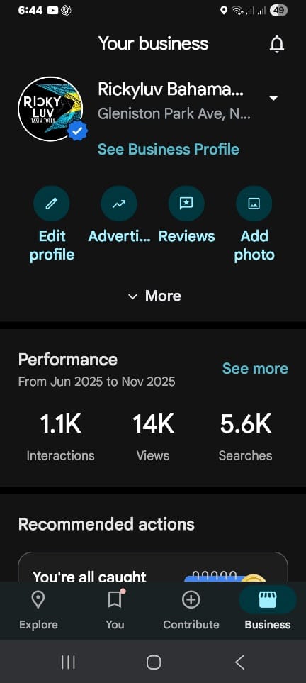Google performance snapshot Week 6 – November 2025 for Rickyluv Bahamas Taxi & Tours showing 1.1K interactions, 14K views and 5.6K searches in Nassau, Bahamas