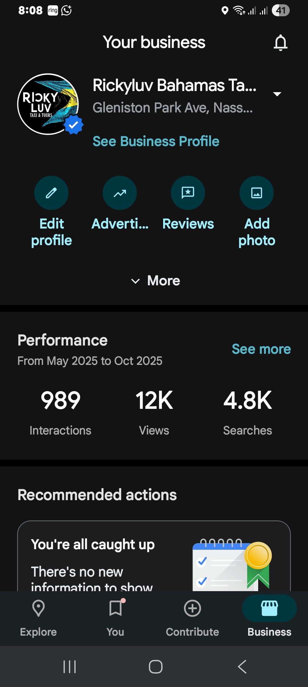 Google performance snapshot Week 1, October 22 2025 – 989 interactions, 12K views, 4.8K searches